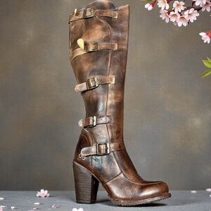 BED|STU Cobbler Series Brown Leather Knee-High Heeled Boots Size 7.5 Women
